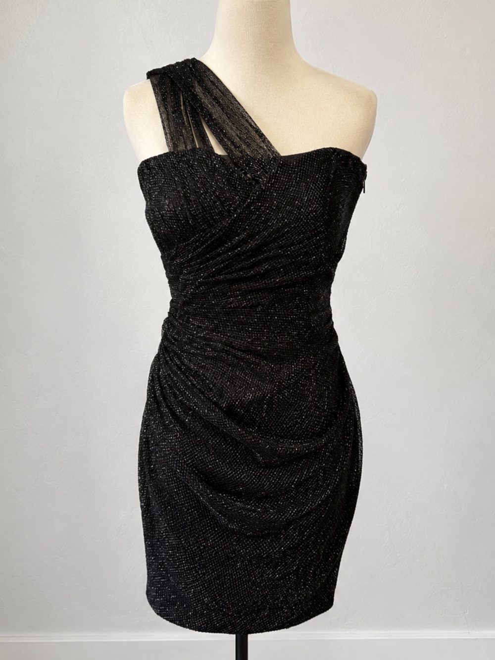 Monique Lhuillier Black Sparkle One Shoulder Ruched Cocktail Dress NWT 4